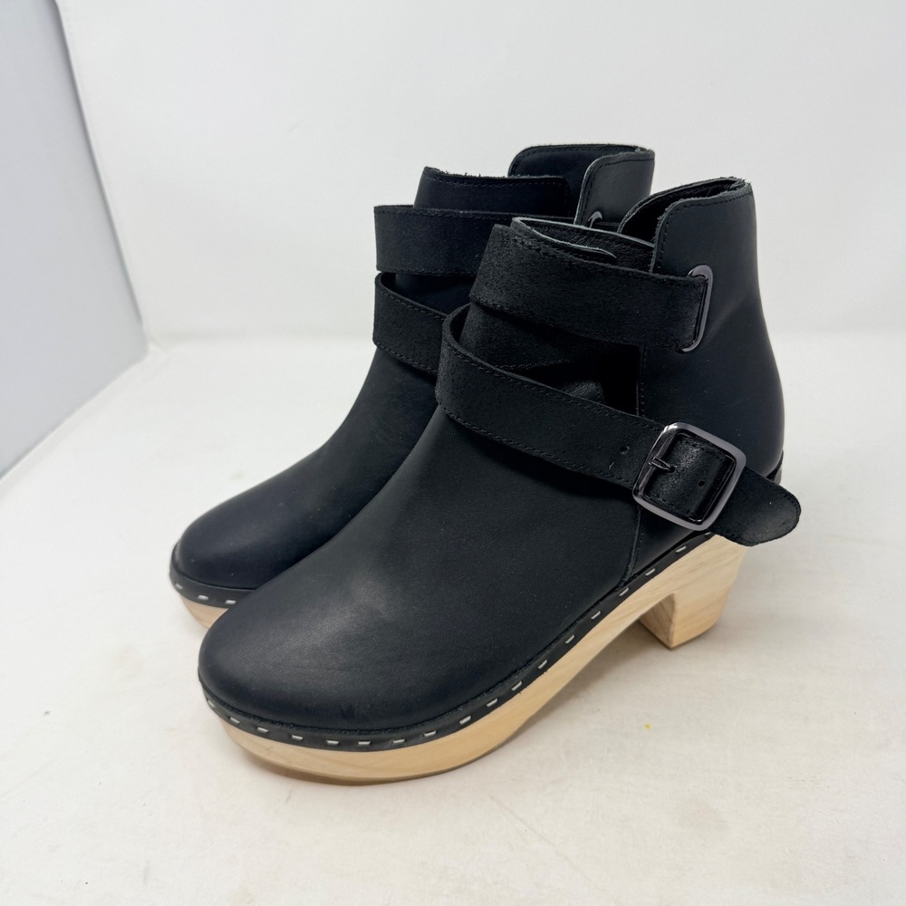 Free People Black Leather Clog Ankle Boots with Wood Heel - Picture 9 of 9